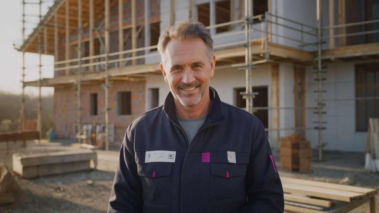 Handwerker mit Telefon vor einem eingerüsteten Rohbau