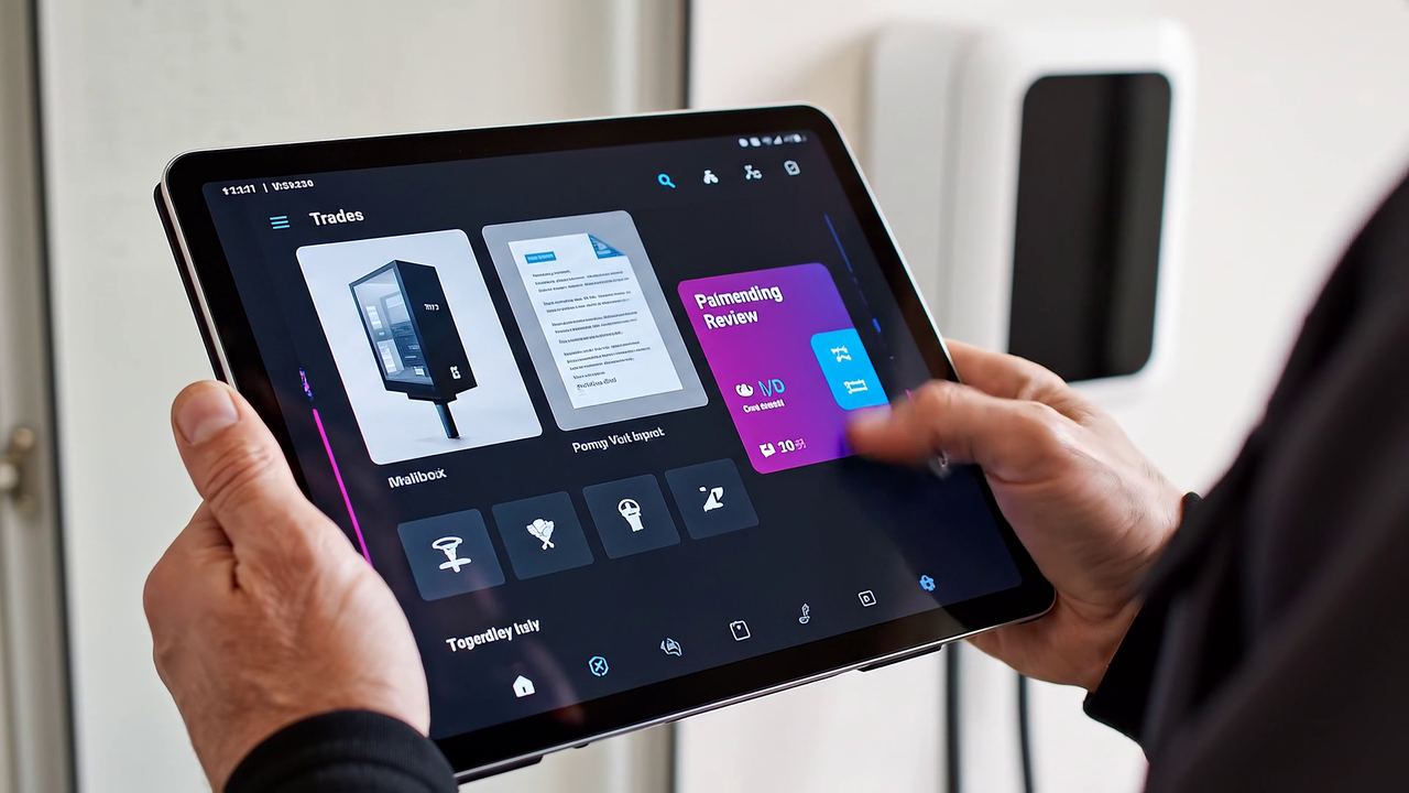 Elektriker hält ein Tablet vor einer Wallbox; der Film zeigt zuvor Zählerschrank und Photovoltaikdach
