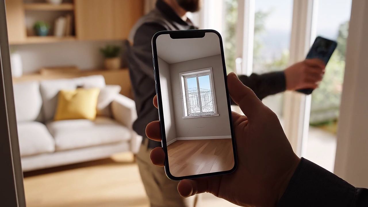 Monteur misst ein Fenster mit dem Telefon auf, auf dem Bildschirm die erkannte Öffnung