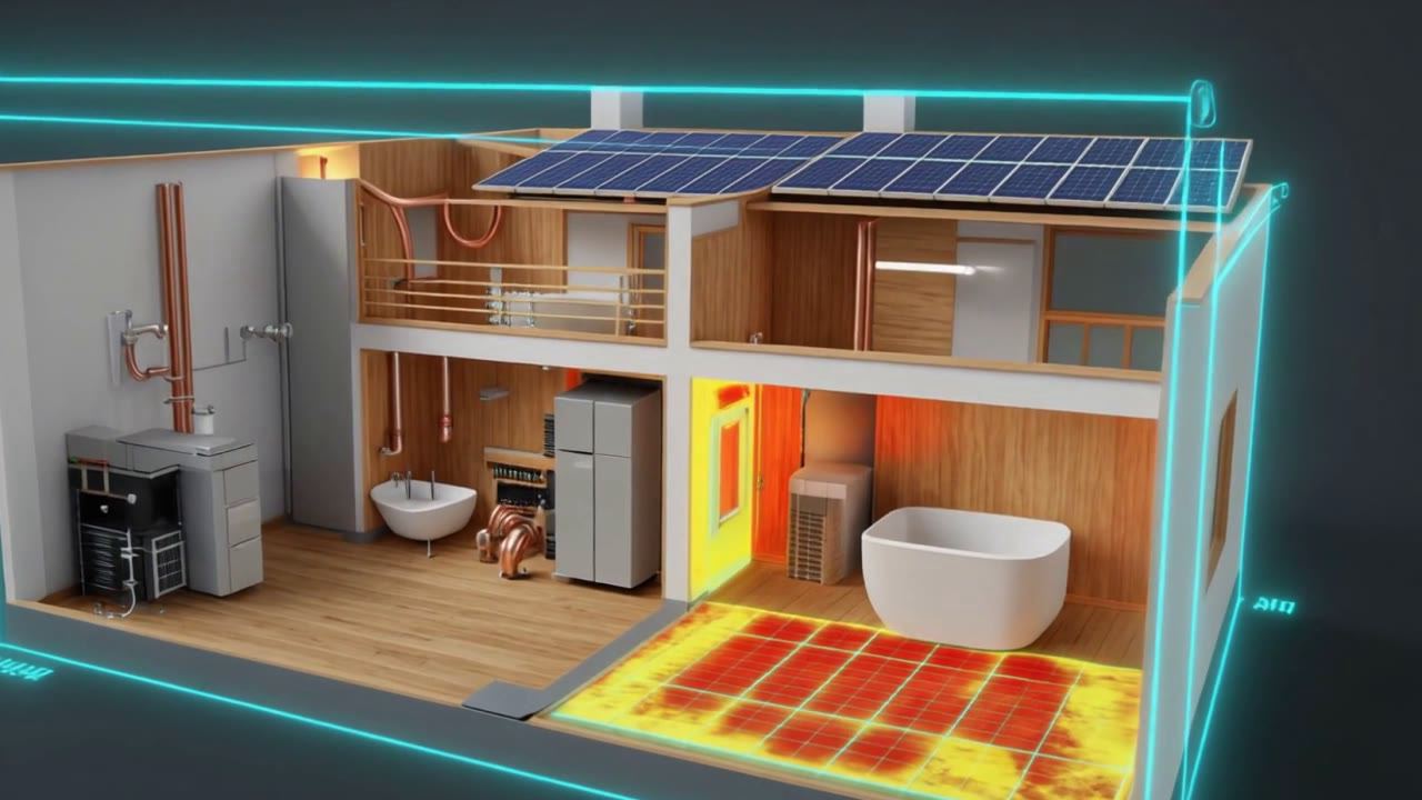 Aufgeschnittenes Haus mit Solaranlage, Heizung und Bad, darüber der Rahmen der 3D-Raumerkennung und die Fußbodenheizung