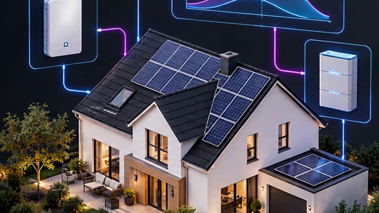 Einfamilienhaus mit Photovoltaikanlage auf dem Dach, daneben Wechselrichter und Batteriespeicher als Schema