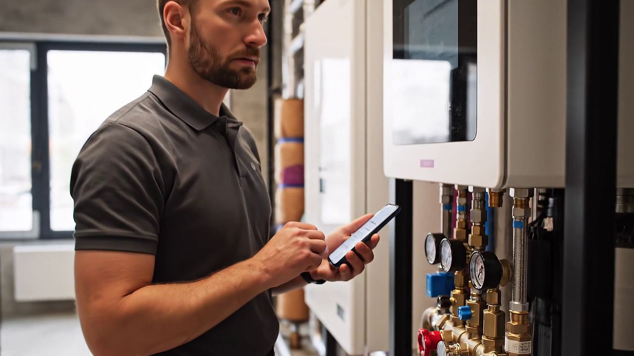 Monteur prüft an einem Heizgerät mit Armaturen die Wartung auf dem Telefon